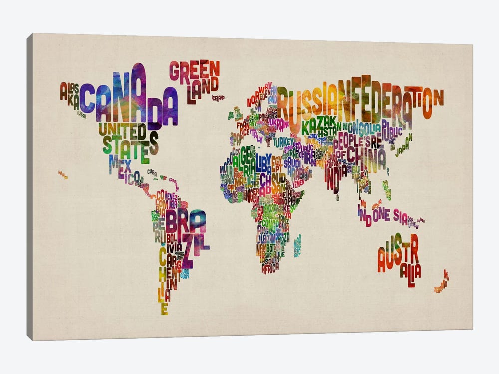 Typographic Text World Map VIII 1-piece Canvas Art Print