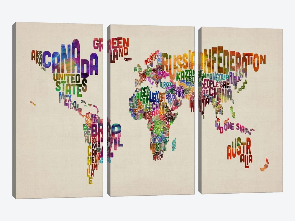 Typographic Text World Map VIII by Michael Tompsett 3-piece Canvas Print