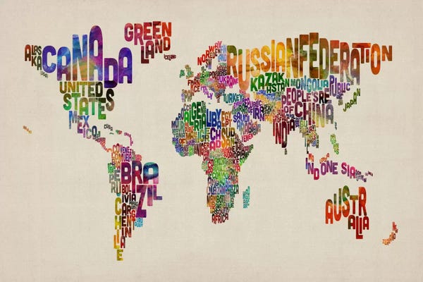 Kids Map Art: Typographic Text World Map VIII by Michael Tompsett