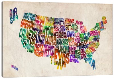 Typographic Text USA (States) Map Canvas Art Print - USA Maps