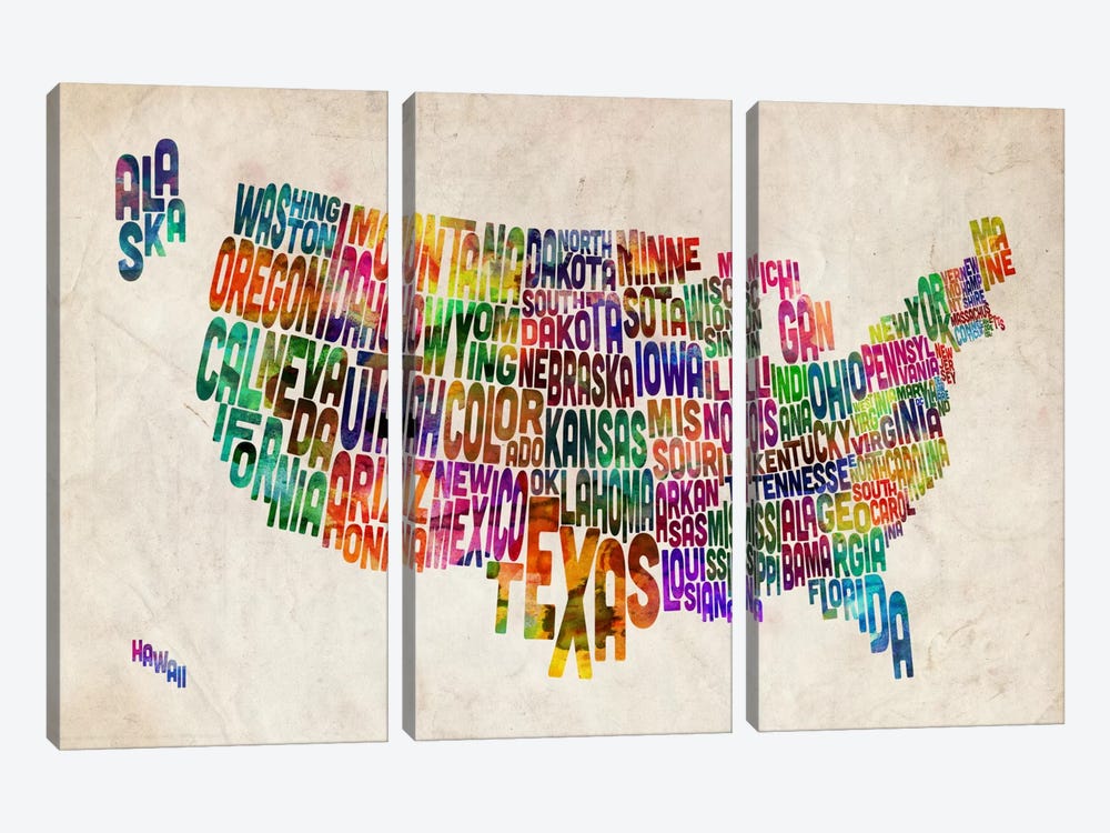 Typographic Text USA (States) Map by Michael Tompsett 3-piece Canvas Art