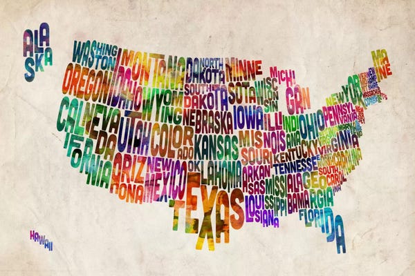 Kids Map Art: Typographic Text USA (States) Map by Michael Tompsett