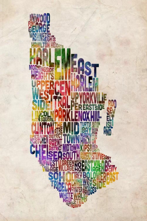 Manhattan New York Typographic Map by Michael Tompsett canvas print