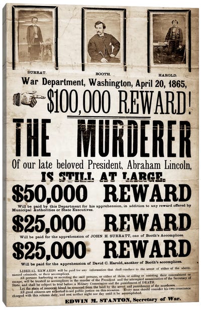 Dead or Alive - Murderer Wanted Canvas Art Print - Abraham Lincoln