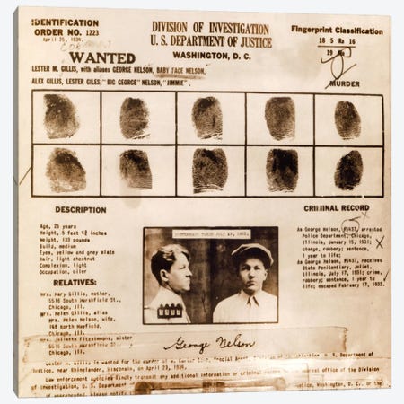 Lester M. Gillis alias 'Baby Face Nelson' Wanted Poster - Fingerprints & Criminal History Record Canvas Print #8854} by Unknown Artist Canvas Wall Art