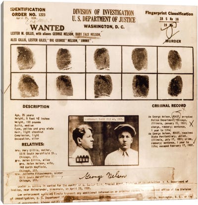 Lester M. Gillis alias 'Baby Face Nelson' Wanted Poster - Fingerprints & Criminal History Record Canvas Art Print - Mugshot Collection