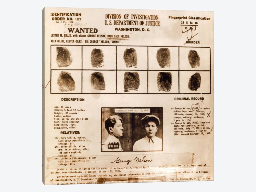 Lester M. Gillis alias 'Baby Face Nelson' Wanted Poster - Fingerprints & Criminal History Record by Unknown Artist 1-piece Canvas Print