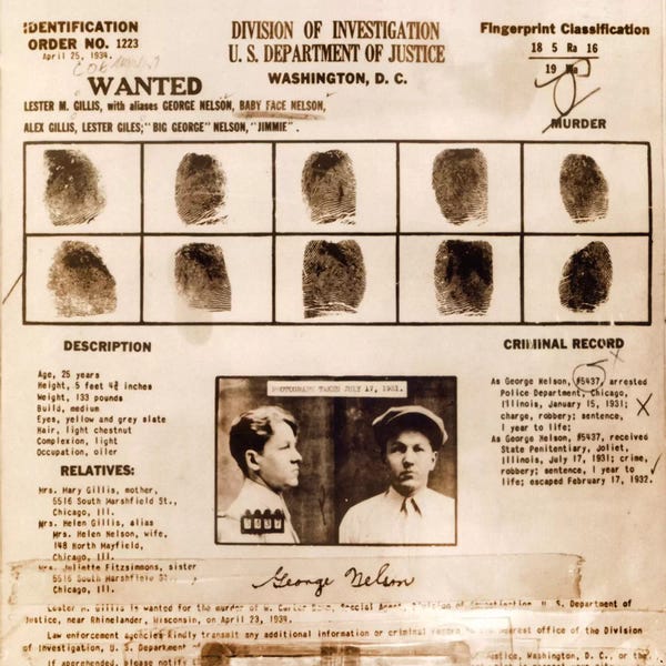 Vintage Posters: Lester M. Gillis alias 'Baby Face Nelson' Wanted Poster - Fingerprints & Criminal History Record by Unknown Artist