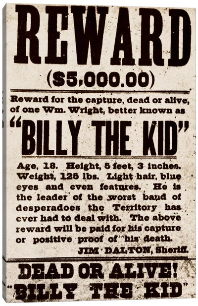 Dead or Alive - Billy The Kid Canvas Art Print - Gangster & Criminal Art