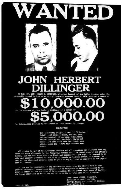 Wanted - John Herbert Dillinger Canvas Art Print - Black & White Pop Culture Art