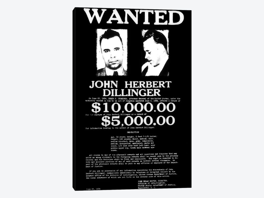 Wanted - John Herbert Dillinger by 5by5collective 1-piece Canvas Art
