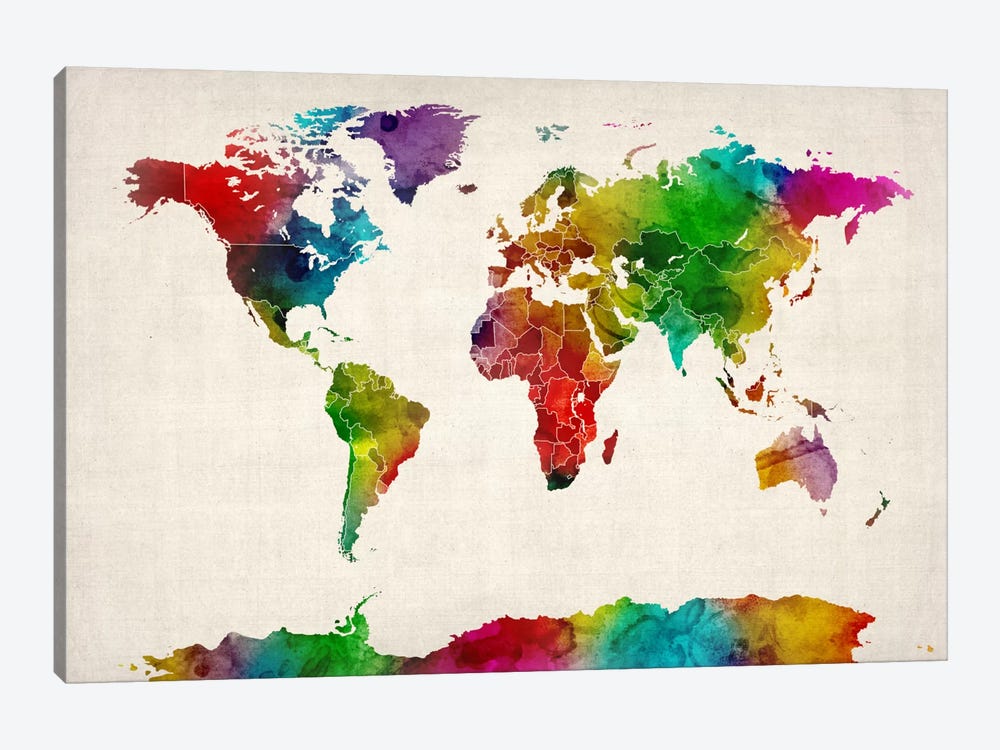 Watercolor Map of the World III by Michael Tompsett 1-piece Canvas Art Print