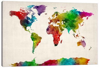 Watercolor Map of the World III Canvas Art Print - Kids Educational Art
