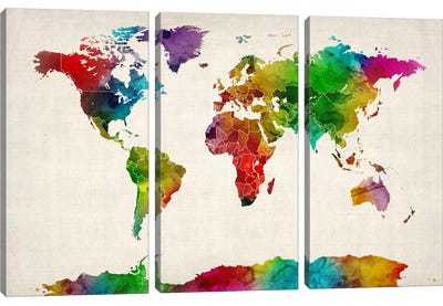Watercolor Map of the World III Canvas Art Print - 3-Piece Map Art