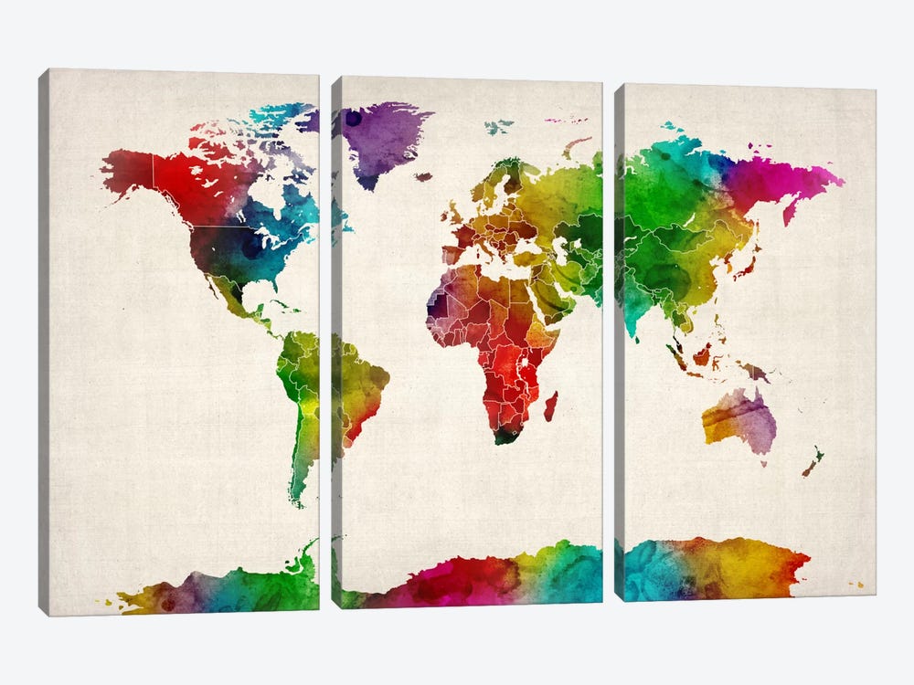 Watercolor Map of the World III 3-piece Canvas Art Print