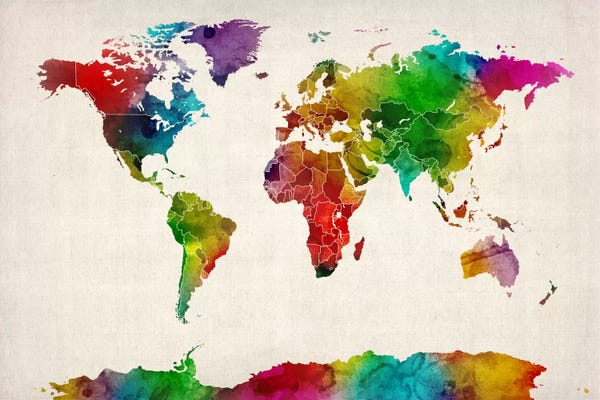Kids Map Art: Watercolor Map of the World III by Michael Tompsett