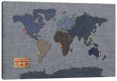 Denim Map of The World Canvas Art Print - World Map Art