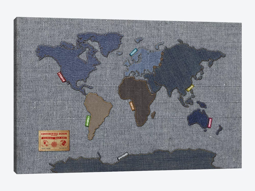 Denim Map of The World by Michael Tompsett 1-piece Canvas Art Print
