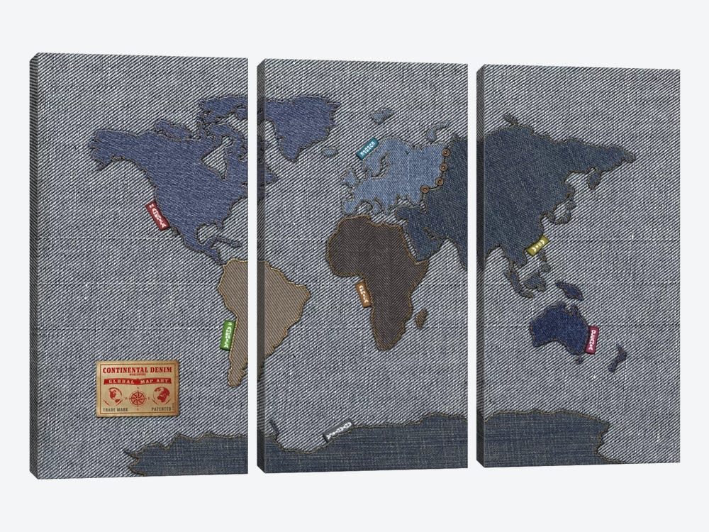 Denim Map of The World by Michael Tompsett 3-piece Art Print