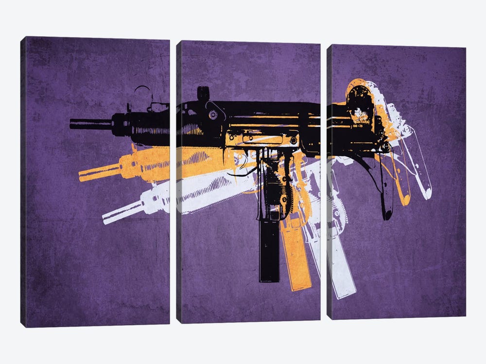 Uzi Sub Machine Gun on Purple by Michael Tompsett 3-piece Art Print
