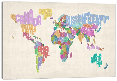 Typographic Text World Map Canvas Art Print - World Map Art