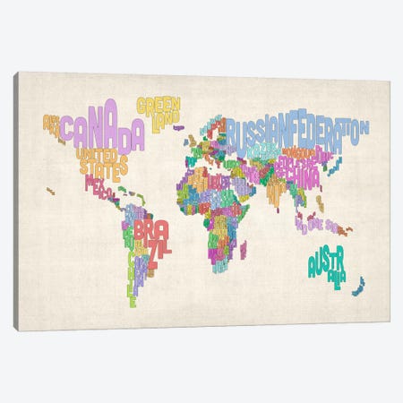 Typographic Text World Map Canvas Print #8878} by Michael Tompsett Canvas Art Print