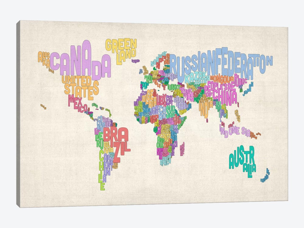 Typographic Text World Map by Michael Tompsett 1-piece Canvas Print