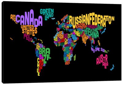 Typographic Text World Map II (Black) Canvas Art Print - Abstract Maps Art