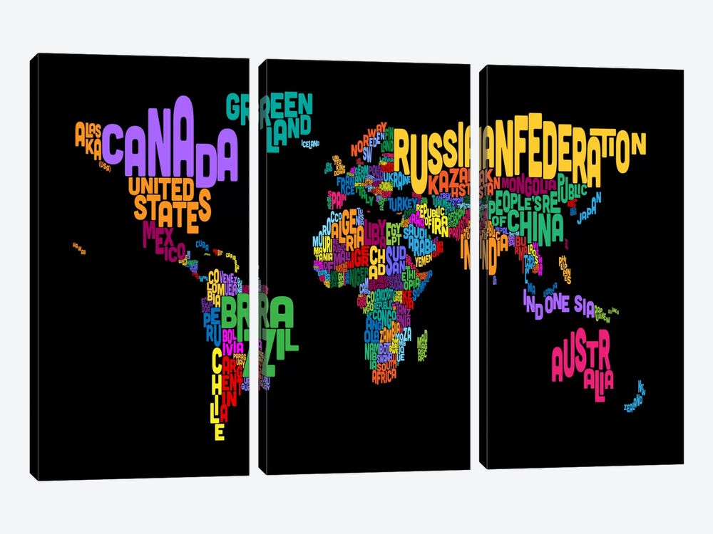 Typographic Text World Map II (Black) by Michael Tompsett 3-piece Canvas Wall Art
