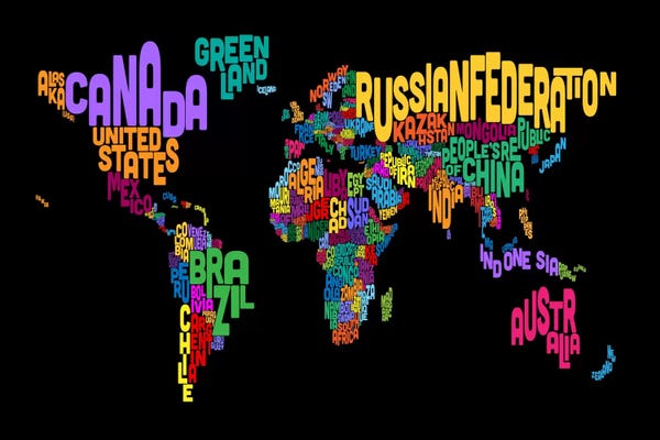 Kids Educational Art: Typographic Text World Map II (Black) by Michael Tompsett