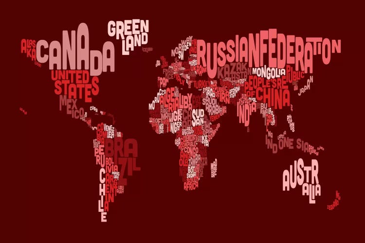 Typographic Text World Map III (Red)