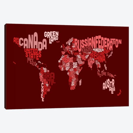 Typographic Text World Map III (Red) Canvas Print #8880} by Michael Tompsett Canvas Art