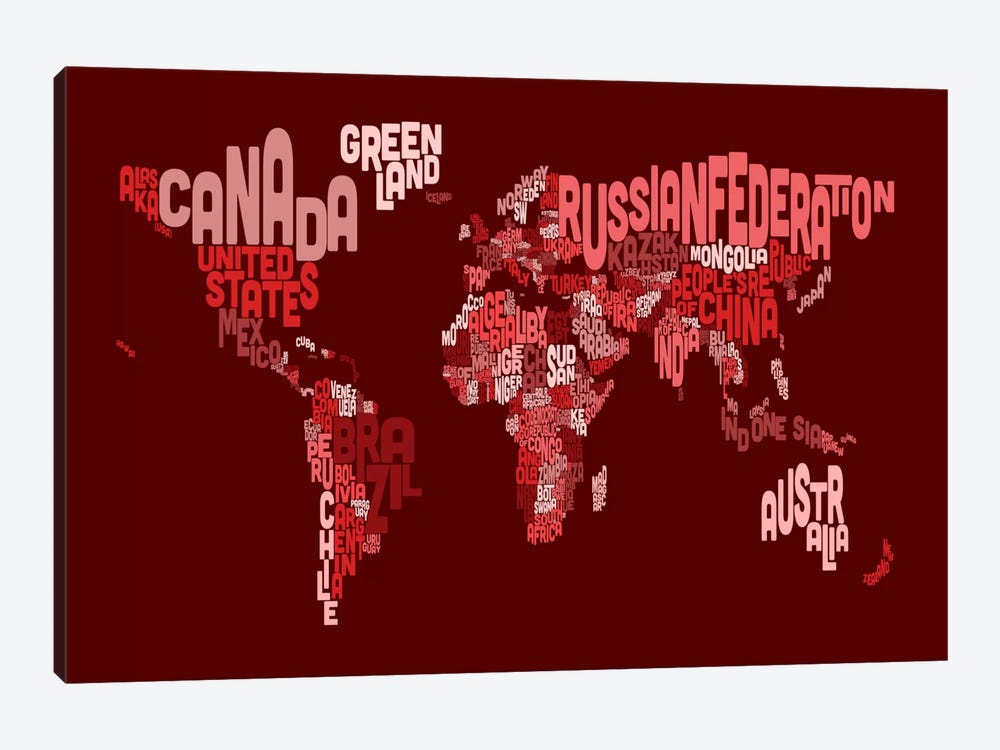Typographic Text World Map III (Red) by Michael Tompsett 1-piece Canvas Artwork