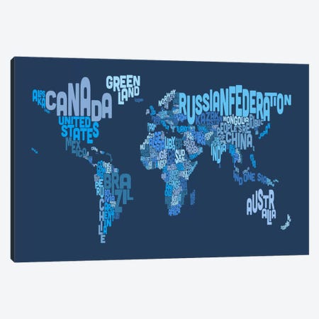 Typographic Text World Map IV (Blue) Canvas Print #8881} by Michael Tompsett Canvas Wall Art