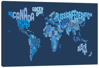 Typographic Text World Map IV (Blue) Canvas Art Print - Blue Abstract Art