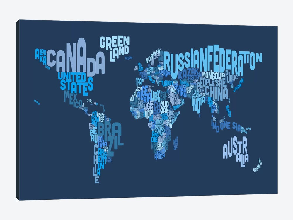 Typographic Text World Map IV (Blue) by Michael Tompsett 1-piece Art Print