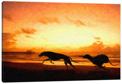 Greyhounds on Beach at Sunset Canvas Art Print - Lake & Ocean Sunrise & Sunset Art
