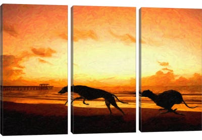 Greyhounds on Beach at Sunset Canvas Art Print - 3-Piece Beach Art