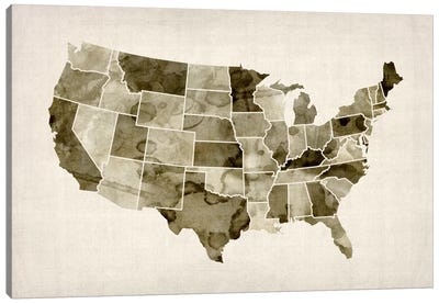 USA Water Color Map II Canvas Art Print - Kids Map Art