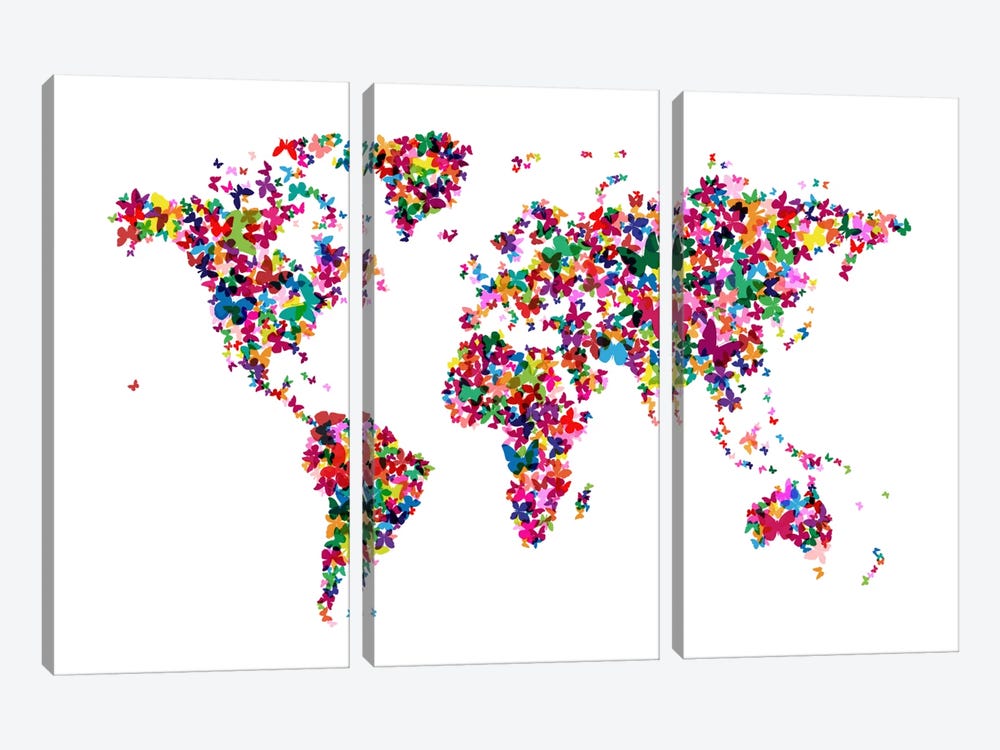 Butterflies World Map by Michael Tompsett 3-piece Canvas Artwork