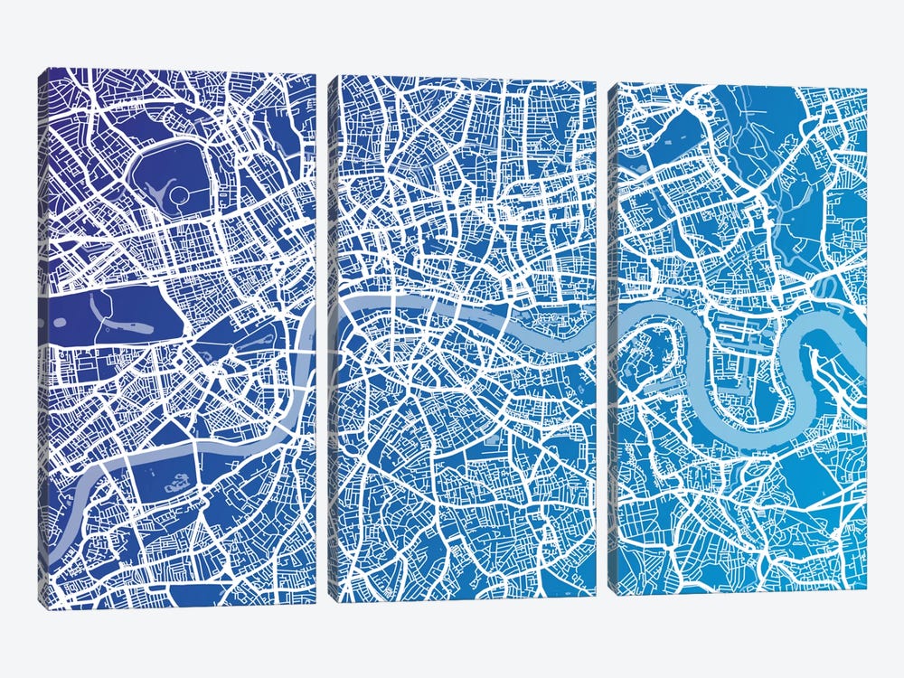 London Street Map (Blue II) by Michael Tompsett 3-piece Canvas Art Print