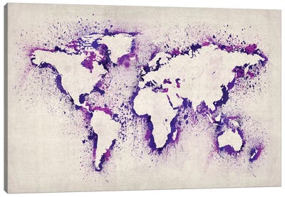 Map of The World (Purple) Paint Splashes Canvas Art Print - World Map Art