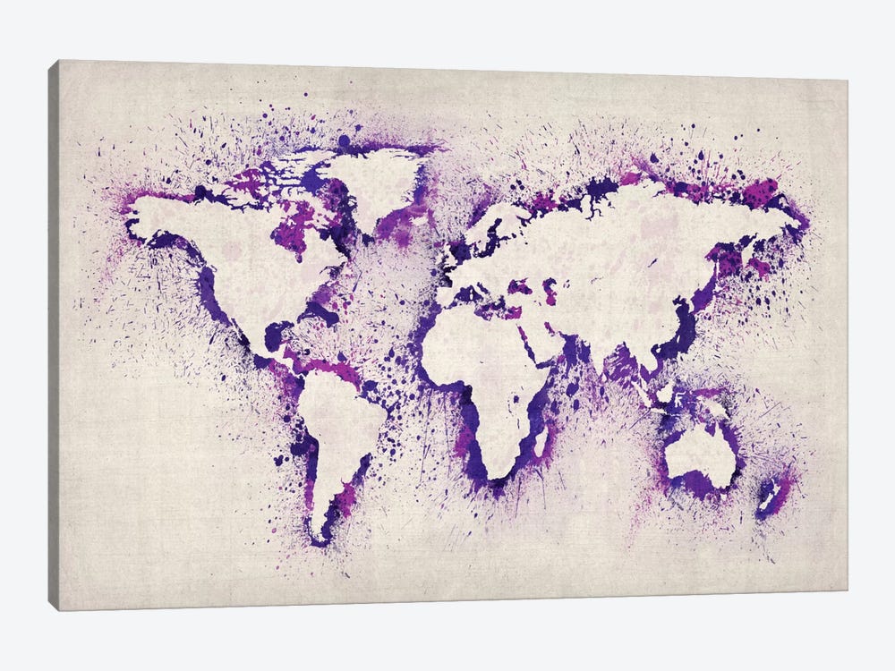Map of The World (Purple) Paint Splashes by Michael Tompsett 1-piece Canvas Artwork