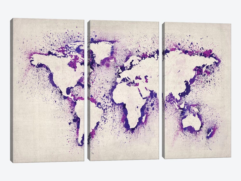 Map of The World (Purple) Paint Splashes by Michael Tompsett 3-piece Canvas Artwork