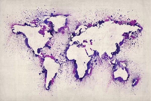 Kids Educational Art: Purple Splash Map Of The World by Michael Tompsett