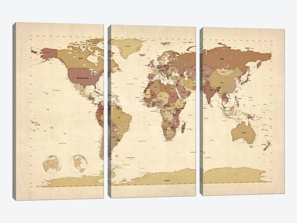 Map of The World V by Michael Tompsett 3-piece Canvas Art Print