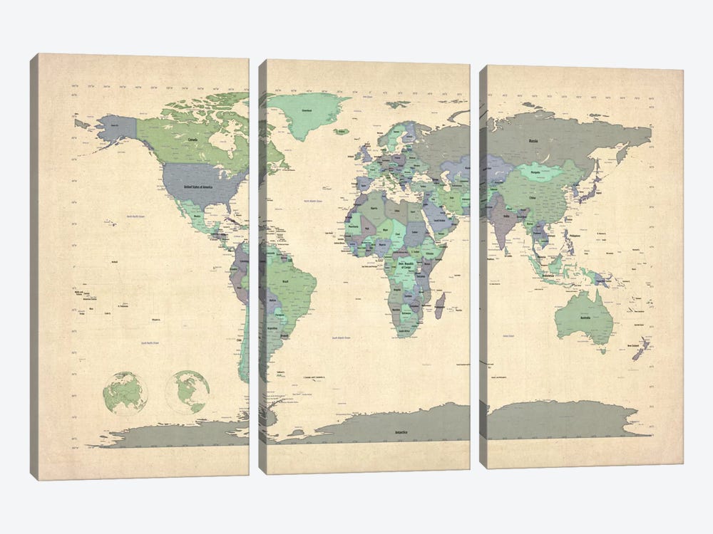 Map of The World VI by Michael Tompsett 3-piece Canvas Art