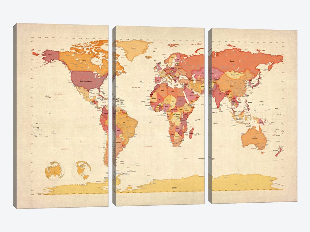 Map of The World VII by Michael Tompsett 3-piece Canvas Print