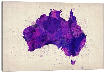 Map of Australia (Purple) Paint Splashes Canvas Art Print - Michael Tompsett