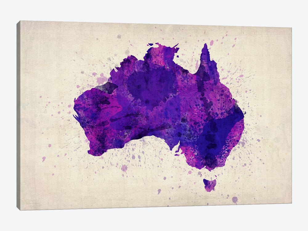 Map of Australia (Purple) Paint Splashes by Michael Tompsett 1-piece Canvas Artwork